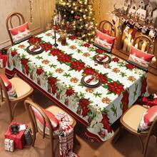 1 Stück, Polyester-Tischdecke, Tischdecke mit Weihnachtsmotiv, Tischdecke mit rotem Blumenmuster und Gingle Bell-Muster, stimmungsvolle Tischdekoration zu Weihnachten, Tischdecke aus Stoff für die Feiertags-Schreibtischdekoration, Heimdekoration, Weihnachtsdeko, Geschenk