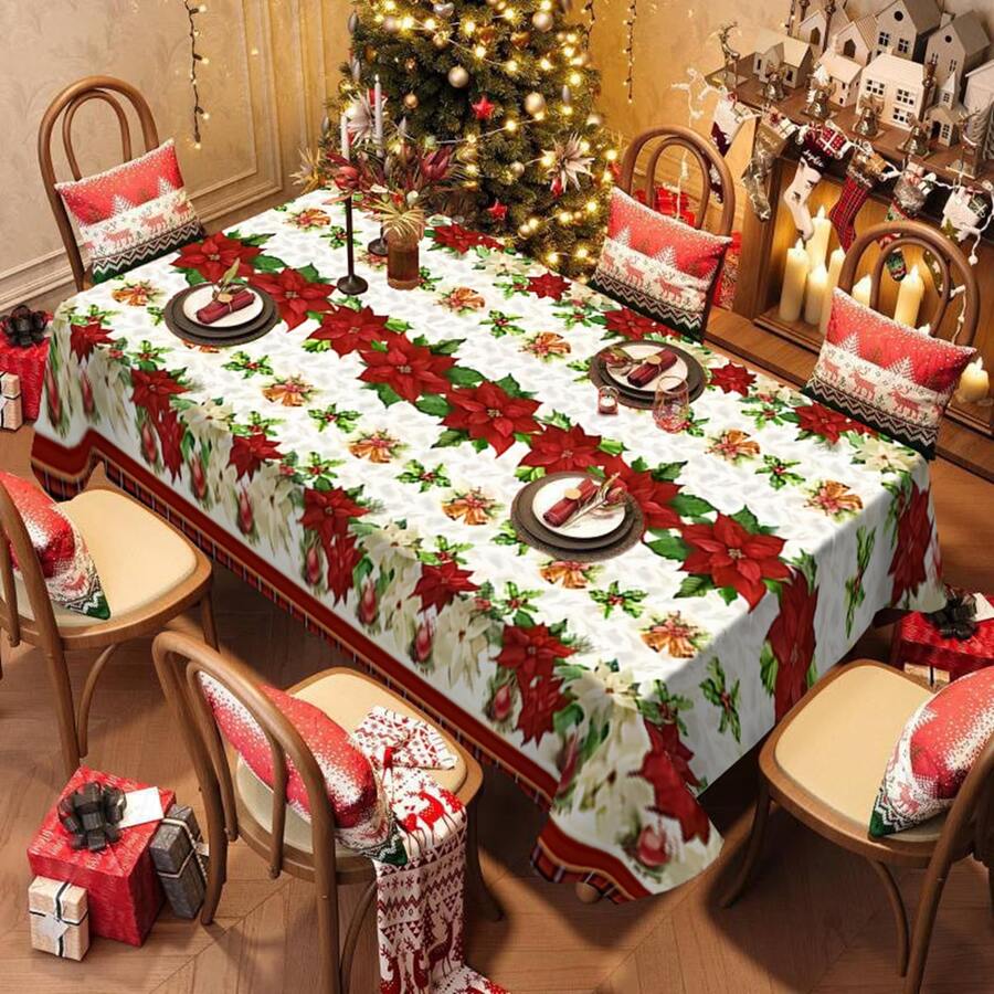 1 Stück, Polyester-Tischdecke, Tischdecke mit Weihnachtsmotiv, Tischdecke mit rotem Blumenmuster und Gingle Bell-Muster, stimmungsvolle Tischdekoration zu Weihnachten, Tischdecke aus Stoff für die Feiertags-Schreibtischdekoration, Heimdekoration, Weihnachtsdeko, Geschenk