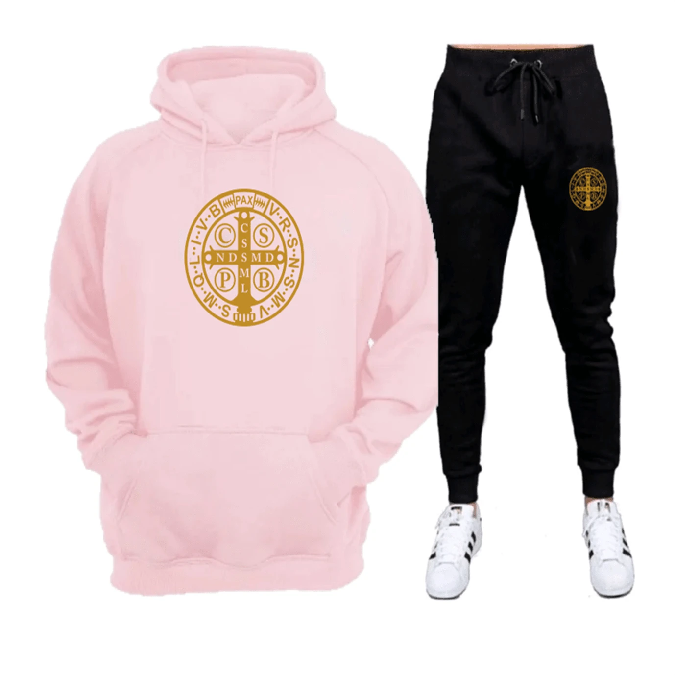 Gold Flannel Sweatshirt Set With Saint Benedict Print - Immediate Shipping - Excellent Quality - 粉紅色+黑色 - 查看 1