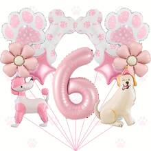 1pc Cute Pet Theme Pink Number Balloon Set For Girls Aged 1-9, Birthday Decoration, Poodle And Labrador Shaped Foil Balloons, Paw And Flower Pattern Decorations, Children's First Birthday Party Scene Balloon Set, Background Wall Decoration Theme, Party Decoration - Multicolor - View 8