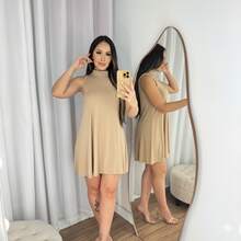 Sleeveless High-Neck Dress, Loose Fit, Elegant Everyday Fashion. - Khaki - View 1