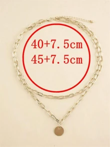 1pc Charm Round Pendant Double Layer Necklace, Paperclip Chain Necklace