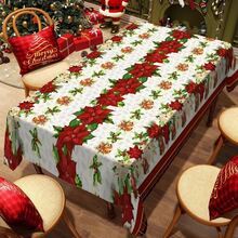 1 Stück, Polyester-Tischdecke, Tischdecke mit Weihnachtsmotiv, Tischdecke mit rotem Blumenmuster und Gingle Bell-Muster, stimmungsvolle Tischdekoration zu Weihnachten, Tischdecke aus Stoff für die Feiertags-Schreibtischdekoration, Heimdekoration, Weihnachtsdeko, Geschenk