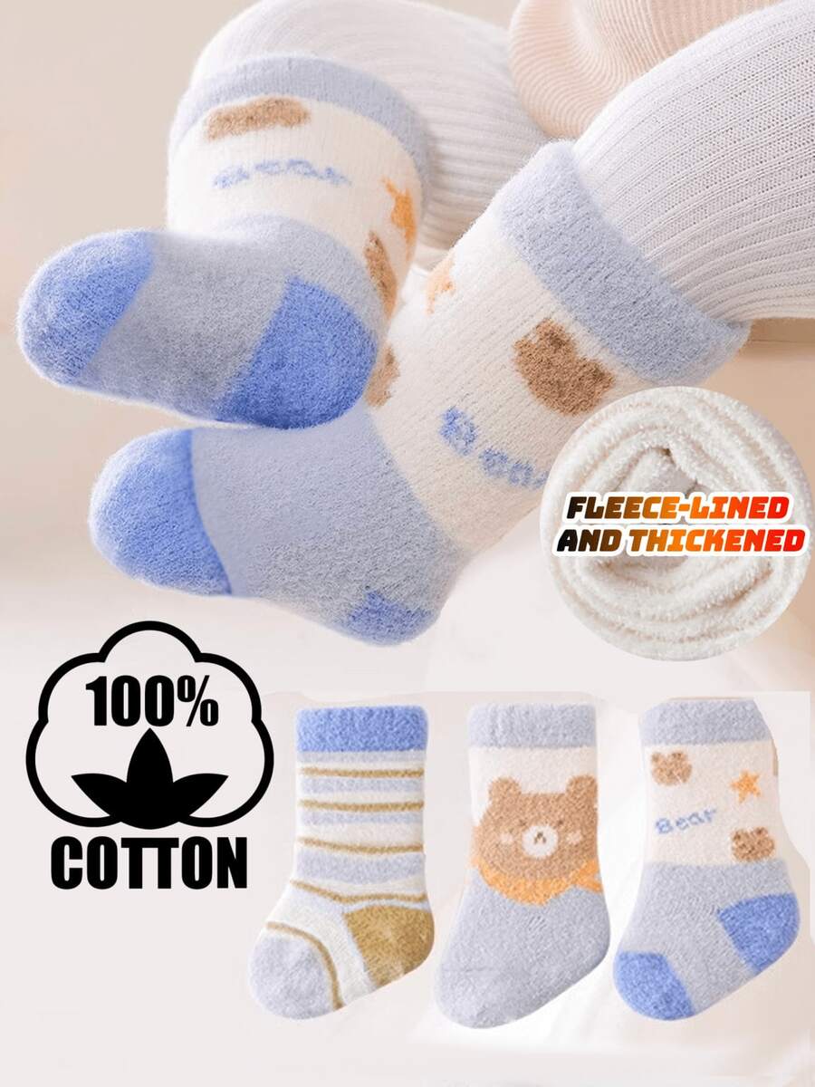 3 Pairs Baby Cotton Socks, Blue Bear Design, Thick & Warm, Autumn/Winter - Multicolor - View 1