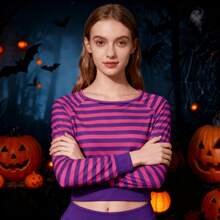 Women's Pink Purple Striped Long Sleeve Crop Top Casual Round Neck Knitted With Slight Stretch - 紫色 - 查看 6