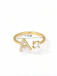 1枚可调节18K镀金不锈钢水晶锆石字母戒指，女士结婚首饰 - 1 - 查看 20