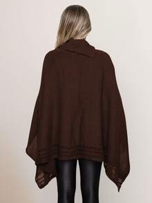 GIP Women's Poncho Knit Mousse Plain High Neck With Button Winter Wool Coat - 咖啡棕 - 查看 2