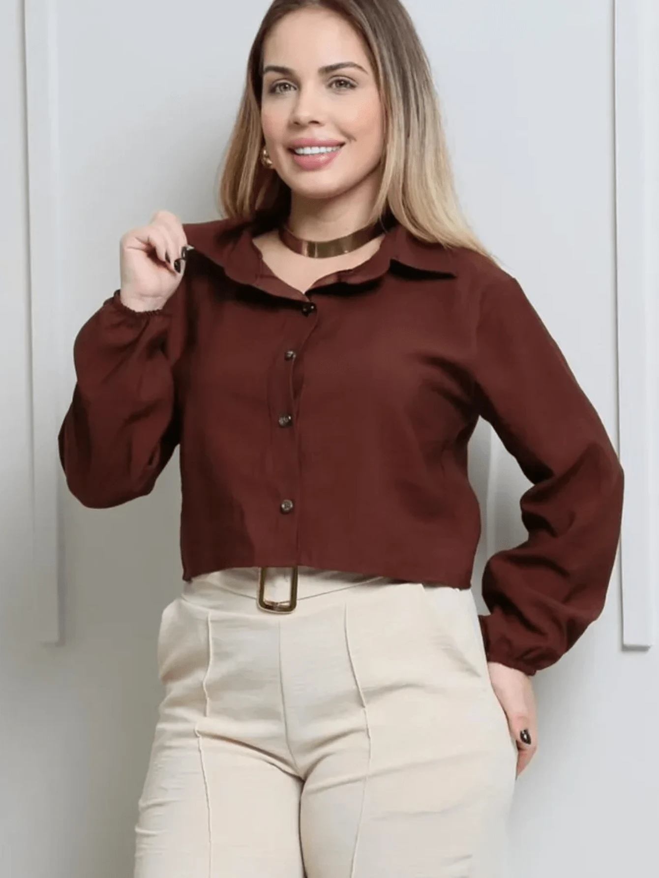Women's Cropped Shirt Long Sleeve With Buttons Collar Elastic Cuff Casual Sensory Fabric Marrant Fashion - 鏽棕色 - 查看 1