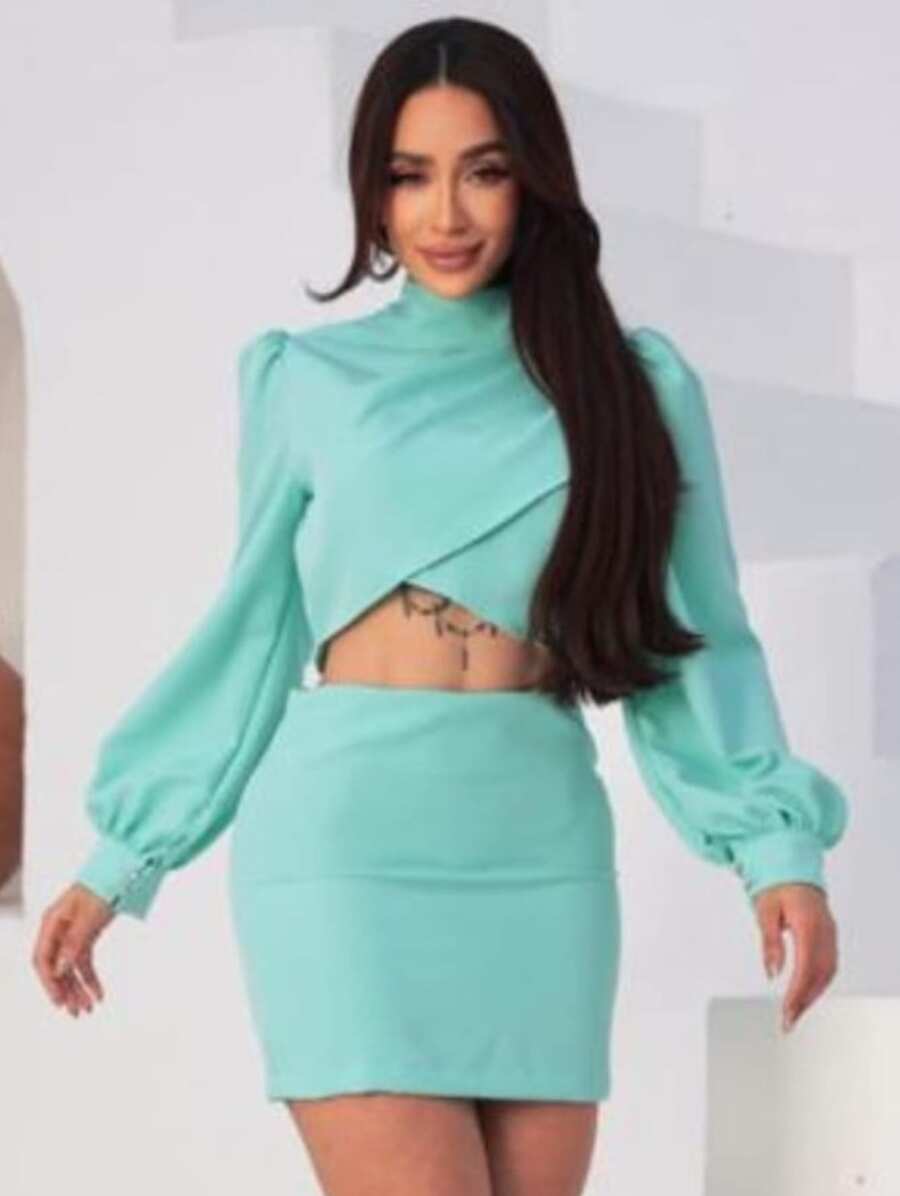 Women's Set Cropped Long Puff Sleeve And Short Tight Skirt In Premium Tailoring Candy Colors Elegant, Sophisticated And Modern Look Summer Fashion 2025 - 開心果綠 - 查看 1