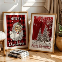 مجموعة 3 قطع من لوحات الجدار الفنية الرجعية، طباعة على قماش كانفاس - بابا نويل، عيد الميلاد مبارك، أشجار عيد الميلاد، رجل الثلج، خلفية حمراء، مع إطار خشبي من الصنوبر، ديكور فني بطراز كلاسيكي رجعي، ديكور عيد الميلاد | ملصق عيد الميلاد | مؤطر أو غير مؤطر، ديكور الغرفة، ديكور المنزل، ديكور غرفة السكن الجامعي، هدايا لديكور الجدران في الفندق، المنزل، غرفة المعيشة، غرفة النوم، الحمام والمكتب