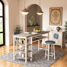 Bar Table Set For 2 With 4 Storage Shelves, 47" Modern Breakfast Table And 2 Upholstered Counter Stools W/ Backrest And Footrest, 3-Piece Dining Set For 2, Space Saving Bar Height Table And Chairs For Kitchen,Dining Room, Living Room - 淺灰色 - 查看 3