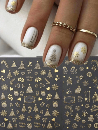 2pcs Gold Christmas Self-Adhesive Nail Decals Crystal Ball Winter Snowflake Tree Candy Glossy Nail Art Stickers & Decals Cartoon Cute Elk New Year Holiday Nail Supplies DIY Charms Decoration