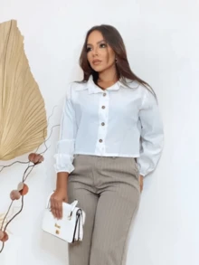 Women's Cropped Shirt Long Sleeve With Buttons Collar Elastic Cuff Casual Sensory Fabric Marrant Fashion - 白色 - 查看 3