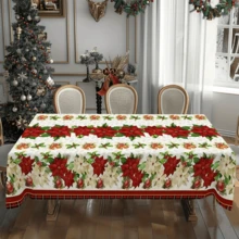 1 Stück, Polyester-Tischdecke, Tischdecke mit Weihnachtsmotiv, Tischdecke mit rotem Blumenmuster und Gingle Bell-Muster, stimmungsvolle Tischdekoration zu Weihnachten, Tischdecke aus Stoff für die Feiertags-Schreibtischdekoration, Heimdekoration, Weihnachtsdeko, Geschenk