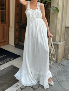 Women Long Tank Dress Lace Trim Tie-Up V Neck Sleeveless Backless Empire Waist Ruffle Dress For Evening Party Club - 白色 - 查看 3