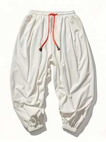 New Men's Loose Japanese/Korean Style Linen Lantern Pants, Drawstring Waist Linen Cropped Harem Pants, Casual Trousers, Fall