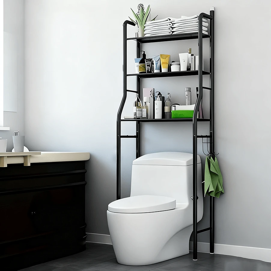 Multi Functional Three-Layer Toilet Rack, Laundry Rack, Independent Metal Rack, With Roll Paper Rack And Hook, Space Saving Bathroom Organizer Rack, Independent Space Saving Storage Rack, Above The Toilet Rack, Used For Bathrooms And Laundry Rooms., Toilet Shelves, Bathroom Organizers And Storage Over Toilet, Toilet Shelf Organizer, Toilet Accessories, Laundry Room Storage, Bathroom Organization, Compact Design, Modern Organizer, Rustresistant Metal, Sturdy Construction - 黑色 - 查看 1