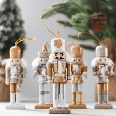 5-Piece Rustic Nutcracker Ornament Set, Glittering Wooden Soldier, Classic Christmas Tree Charms, Festive Holiday Decorations, No Feathers, No Power Required.