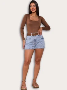 Noble Denim Look Short Mon Jeans Cintura Alta - azul aço - Visão 5
