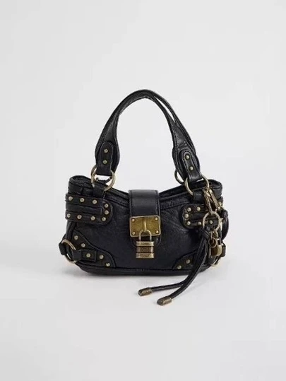 Borsa a spalla con borchie da donna, borsa in pelle, borsa a secchiello stile Y2K lavata, borsa a mano con manico superiore, tracolla regolabile, chiusura a lucchetto vintage
