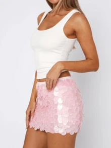Women Y2K Sequin Mini Skirt Mermaid Sparkle Dance Costume Short Bodycon Skirts Glitter Party Night Out Clubwear - 粉色 - 查看 4