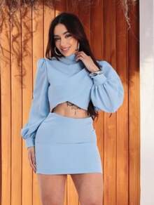 Women's Set Cropped Long Puff Sleeve And Short Tight Skirt In Premium Tailoring Candy Colors Elegant, Sophisticated And Modern Look Summer Fashion 2025 - 淺藍色 - 查看 1