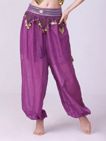 1pc Women Belly Dance Harem Pants Halloween Carnival Costume Sequined Tassel Coin Trousers Arabic Dance Performance Loose Pants