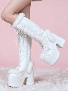 Women's Winter Furry Snow Boots Lace Up Zip Block Chunky High Heel Boots Punk Goth Warm Fur Winter Snow Platform Knee High Christmas Boots For Women - 白色 - 查看 6