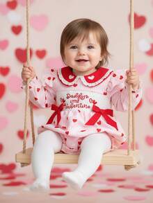 Baby Girl Valentines Day Romper Love Heart Bow Bubble Bodysuit Doll Collar Long Sleeve Smocked Tops For Spring - Hồng - Xem 3