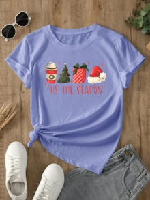 Camiseta navideña de manga corta con cuello redondo para mujer, de mezcla de algodón elástico medio, ideal para uso informal. - Azul marino - Ver 1