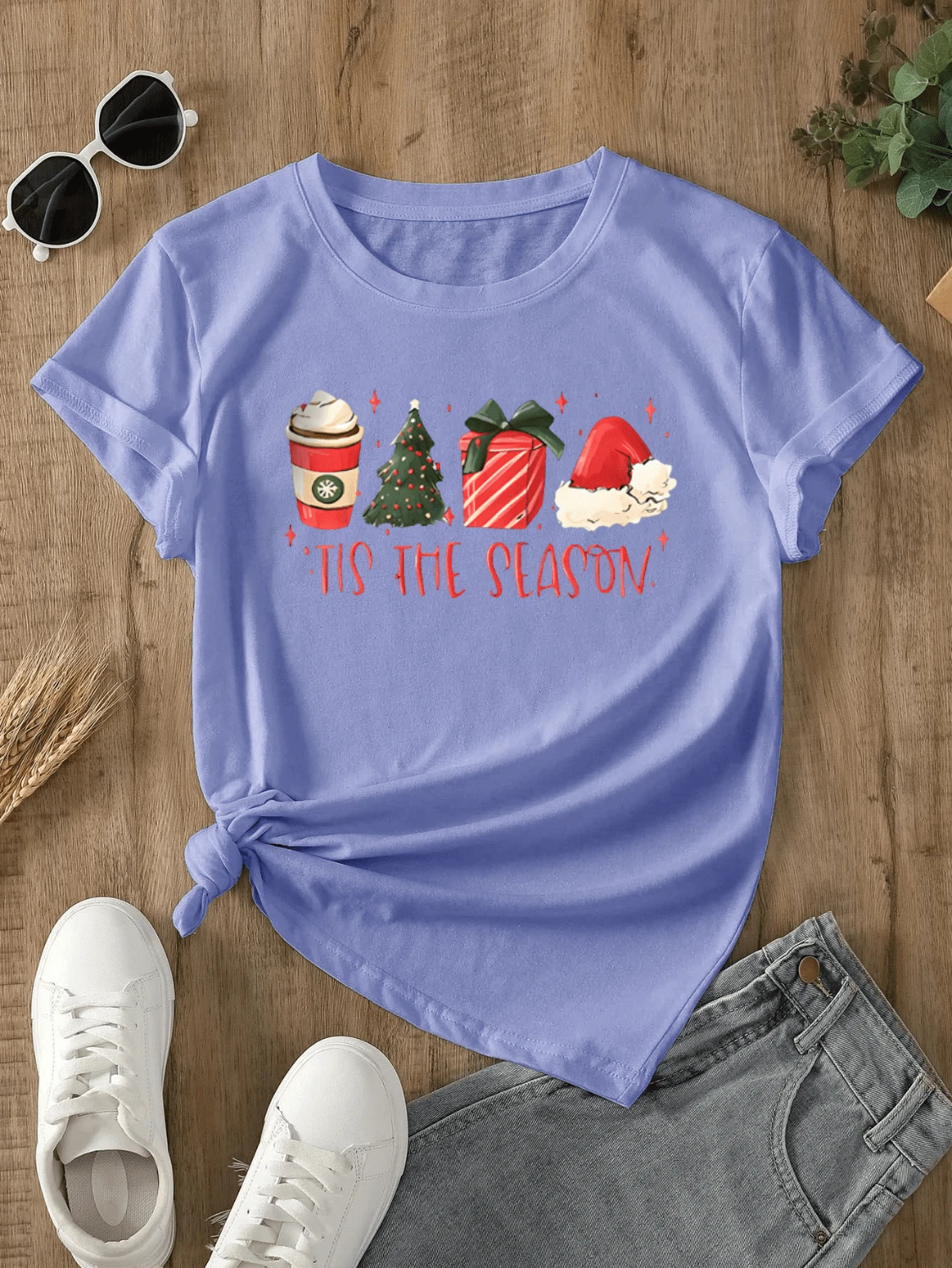 Camiseta navideña de manga corta con cuello redondo para mujer, de mezcla de algodón elástico medio, ideal para uso informal. - Azul marino - Ver 1