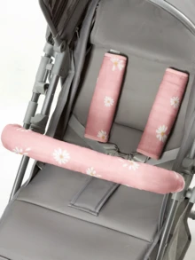 [Oeko-Tex] Juego de funda para el manillar y almohadilla para el hombro del cochecito de bebé, estampado floral sobre fondo rosa, suave y cómodo, apto para uso diario al aire libre, todo el año - Multicolor - Ver 4