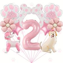 1pc Cute Pet Theme Pink Number Balloon Set For Girls Aged 1-9, Birthday Decoration, Poodle And Labrador Shaped Foil Balloons, Paw And Flower Pattern Decorations, Children's First Birthday Party Scene Balloon Set, Background Wall Decoration Theme, Party Decoration - Multicolor - View 4