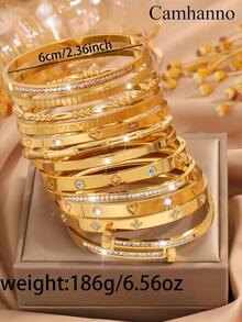 Camhanno 12/1件套华丽金色不锈钢多款式手链组合，心形罗马图案和其他设计时尚叠戴轻奢风格珠宝， - 彩色 - 查看 2