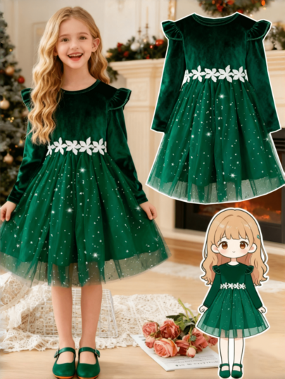 Girls' Long Sleeve Dress, Velvet Fabric With Tulle Patchwork, Snowflake Decor, Fit For 4-7 Years Old, Casual Style, Soft And Skin-Friendly, Daily Wear, Autumn/Winter