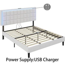 Button Tufted Upholstered Platform Bed Frame With LED Lights, Charging Station, And Wood Slat Support – No Box Spring Required