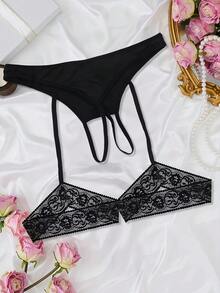 女士性感字母玫瑰印花无裆丁字裤，带腿部吊袜带，舒适时尚 - 黑色 - 查看 4