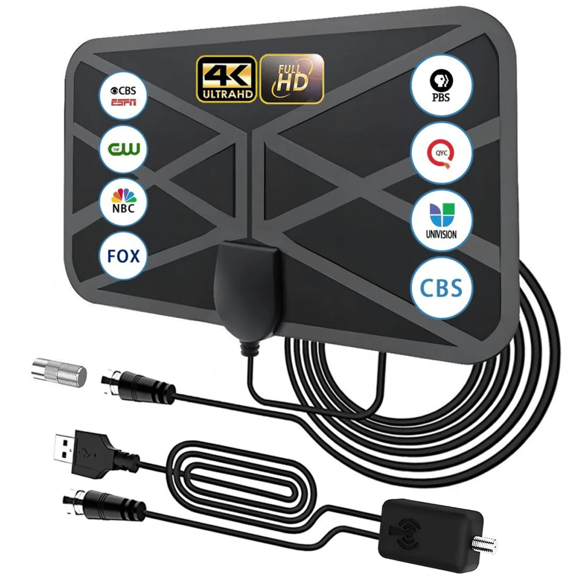 2025 Indoor HDTV Digital Antenna With Signal Amplifier - 240 Mile Long Range Reception - Supports SD, HD, Full HD - Includes 10ft Coaxial Cable - Black - View 1