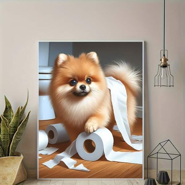 1pc Frameless Canvas Print, Playful Pom Dog Toilet Wall Arts Children's Bathroom Decor, Gift For Pomeranian Lovers, Whimsical Dog Toilet Paper Posters For Home