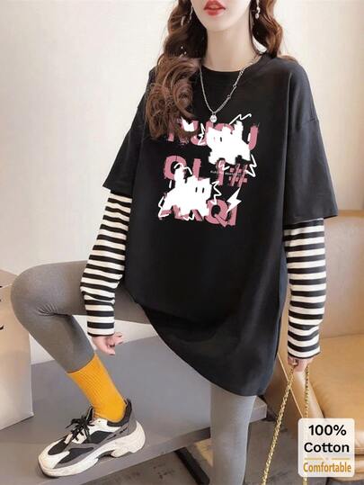 Striped Cotton Long Sleeve Tee, Loose Fit Casual Cartoon Cat Print Top For Women