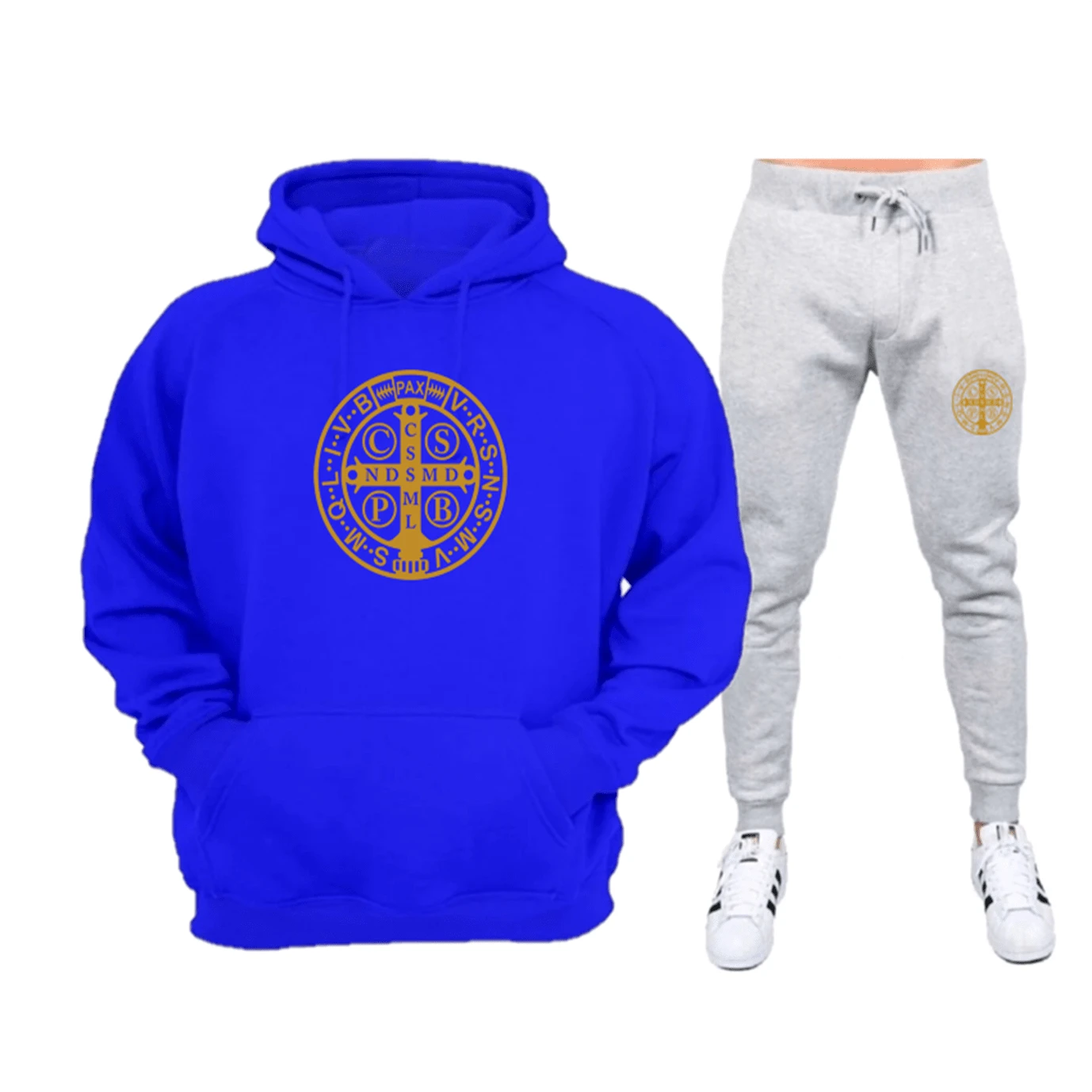 Gold Flannel Sweatshirt Set With Saint Benedict Print - Immediate Shipping - Excellent Quality - 皇家藍+灰色 - 查看 1