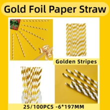 25/100 قش ورقي مطلي بالذهب والأبيض مع نهاية معدنية - 6*197 ملم | مناسب لحفلات عيد الميلاد، المنزل، البار، حفلات الزفاف، محلات المشروبات، النزهات، لوازم الحفلات، هدايا عيد الميلاد