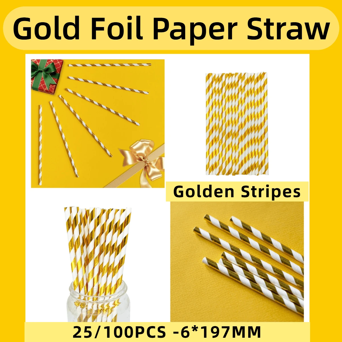 25/100 قش ورقي مطلي بالذهب والأبيض مع نهاية معدنية - 6*197 ملم | مناسب لحفلات عيد الميلاد، المنزل، البار، حفلات الزفاف، محلات المشروبات، النزهات، لوازم الحفلات، هدايا عيد الميلاد