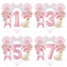 1pc Cute Pet Theme Pink Number Balloon Set For Girls Aged 1-9, Birthday Decoration, Poodle And Labrador Shaped Foil Balloons, Paw And Flower Pattern Decorations, Children's First Birthday Party Scene Balloon Set, Background Wall Decoration Theme, Party Decoration - Multicolor - View 1