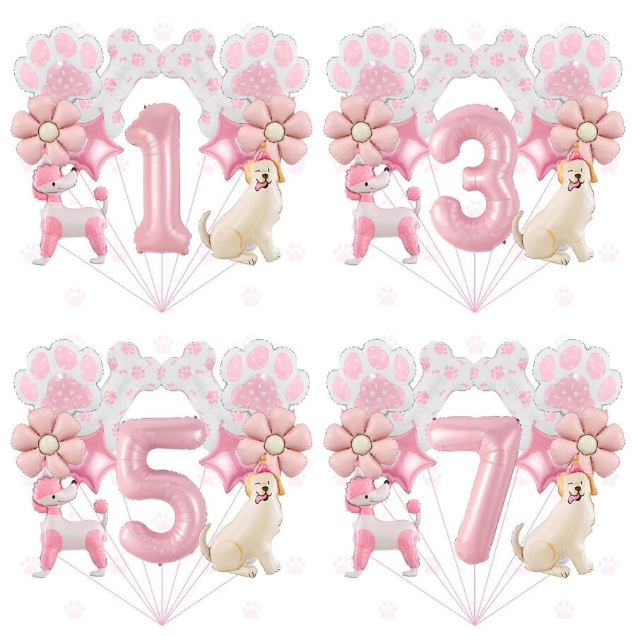 1pc Cute Pet Theme Pink Number Balloon Set For Girls Aged 1-9, Birthday Decoration, Poodle And Labrador Shaped Foil Balloons, Paw And Flower Pattern Decorations, Children's First Birthday Party Scene Balloon Set, Background Wall Decoration Theme, Party Decoration - Multicolor - View 1