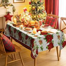 1 Stück, Polyester-Tischdecke, Tischdecke mit Weihnachtsmotiv, Tischdecke mit rotem Blumenmuster und Gingle Bell-Muster, stimmungsvolle Tischdekoration zu Weihnachten, Tischdecke aus Stoff für die Feiertags-Schreibtischdekoration, Heimdekoration, Weihnachtsdeko, Geschenk