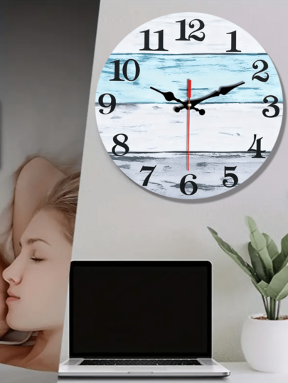 Piece Wooden Wand Clock, Rustic Vintage Country Coastal Worn Blauw Silent Klok Living Room Bedroom, ation, Home Kitchen, Office Halloween ation view 4