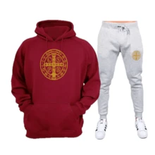 Gold Flannel Sweatshirt Set With Saint Benedict Print - Immediate Shipping - Excellent Quality - 勃根地紅+灰色 - 查看 1