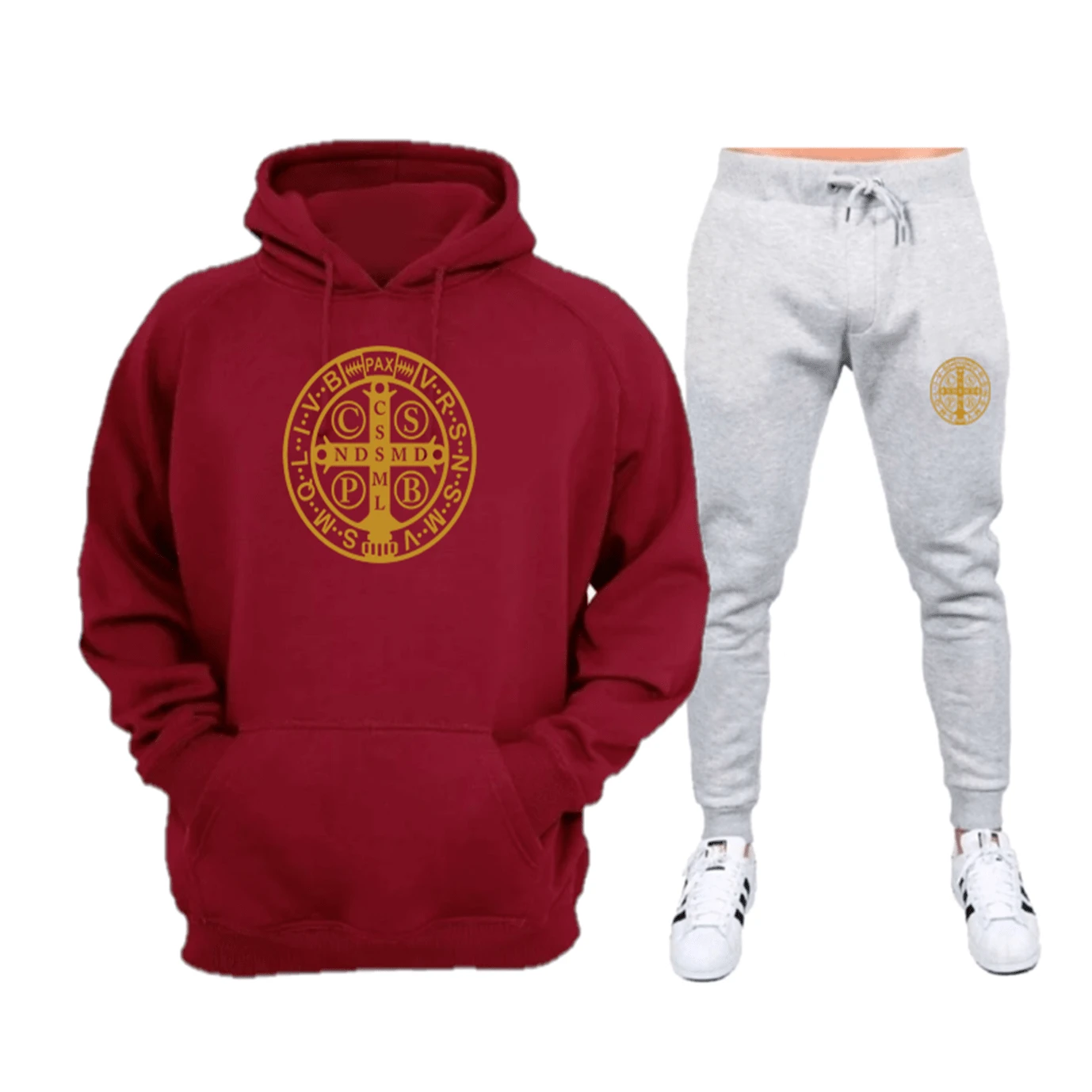Gold Flannel Sweatshirt Set With Saint Benedict Print - Immediate Shipping - Excellent Quality - 勃根地紅+灰色 - 查看 1