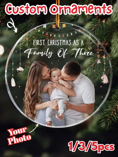 Personalized Custom Text & Photo Acrylic Pendants (1/3/5pcs) - Customizable Acrylic Photo Ornaments For Christmas, Thanksgiving, New Year & Birthday Gifting - Personalized Face Acrylic Pendants For Gift Givers Embellishing Presents, Holiday Decor & Party Decor - Custom Text Acrylic Ornaments For Friends, Family, Loved Ones & Festive Gift Exchanges